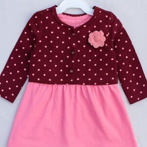 Carter's Baby Girl Dress Set 12M – Pink & Burgundy Hearts, NWT, Long Sleeve